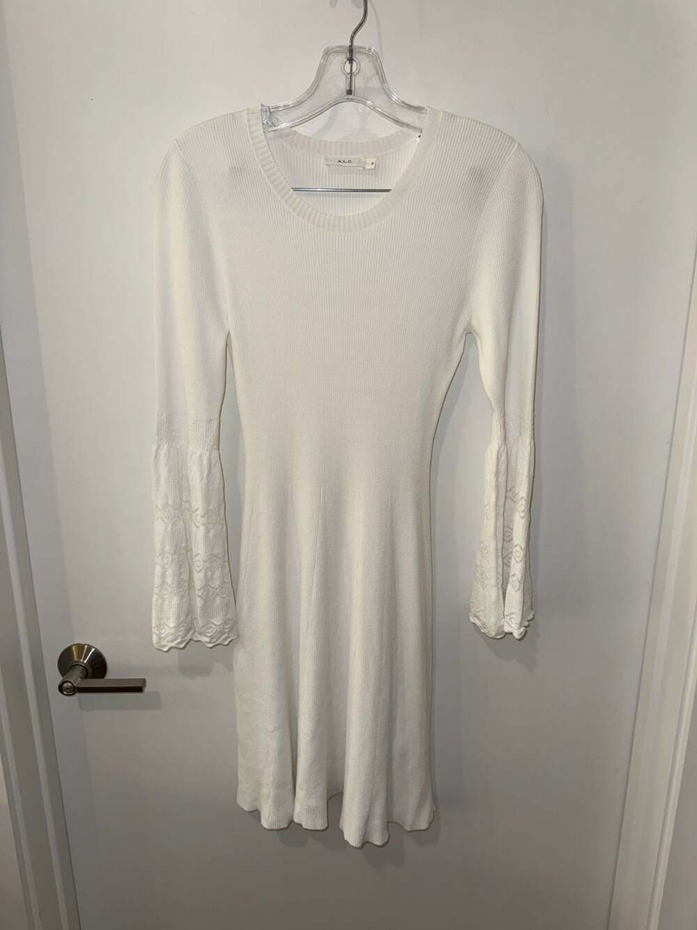 A.L.C. White Ribbed Knit Bell Sleeve Mini Dress
